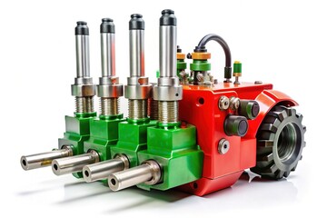 Tractor Hydraulic Distributor: Three-Section Valve, Isolated on White Background