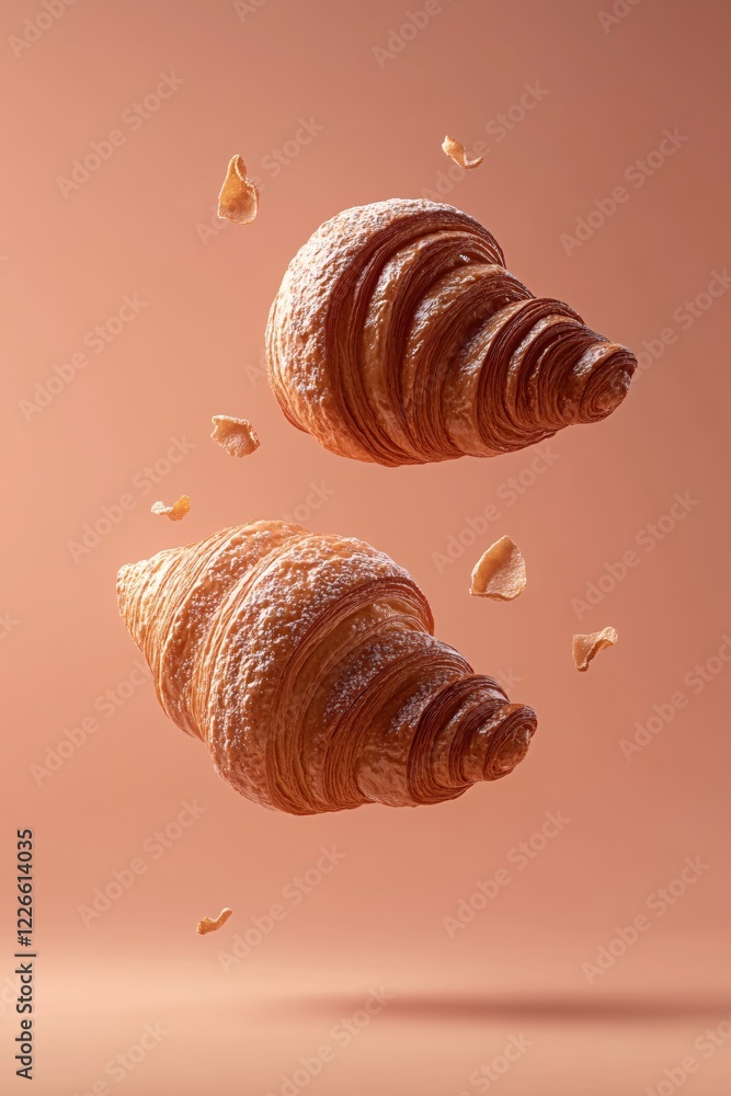 Poster two floating croissants with flakes on a light brown background in a minimalist style