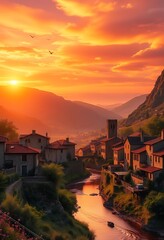 Sunset Village: Golden Hour Landscape Painting