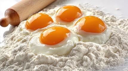 Fresh Eggs Resting on Heap of Flour with Rolling Pin in Background