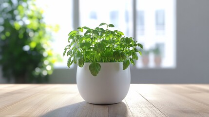 Basil plant in white pot on wooden table against blurred window background
