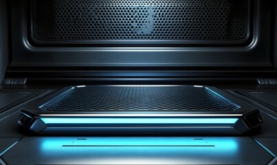 Obraz premium Futuristic platform, blue neon, metallic backdrop, empty stage, product display