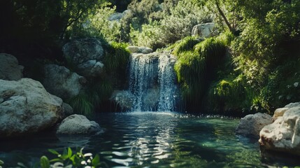 Naklejka premium A Tranquil Waterfall Cascading into a Serene Pool Surrounded by Lush Greenery and Rocks