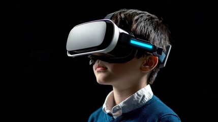 Exploring virtual reality a young boy's immersive experience in technology indoor setting digital content close-up view innovation