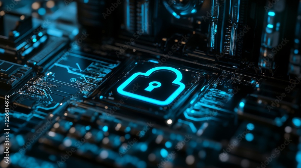 Poster a digital lock symbol overlaid on a computer screen displaying sensitive data, illustrating the conc