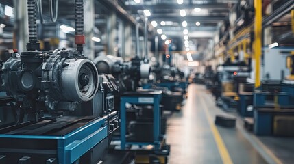 Fototapeta premium Factory floor fully operational with lights and machinery running during a power outage, thanks to a generator.