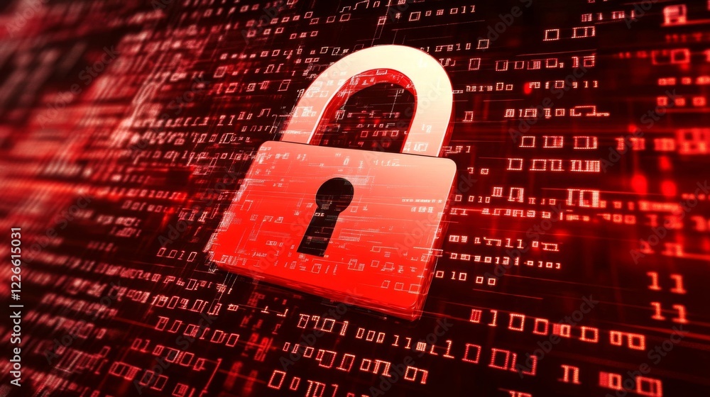 Poster a digital lock symbol overlaid on a computer screen displaying sensitive data, illustrating the conc
