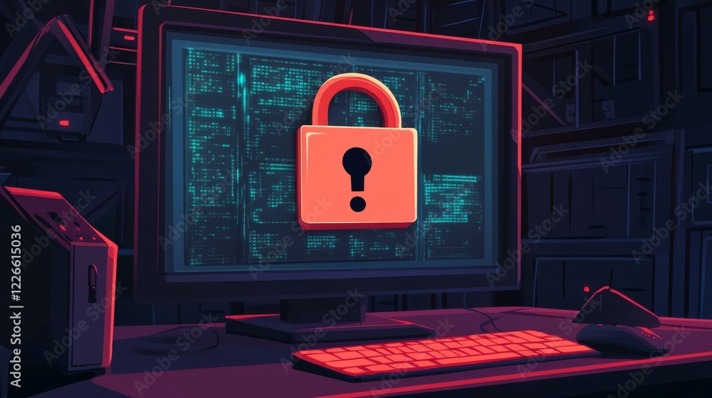 Poster A digital lock with an exclamation mark, symbolizing data theft and unauthorized access, with online crime threats visible on a monitor.
