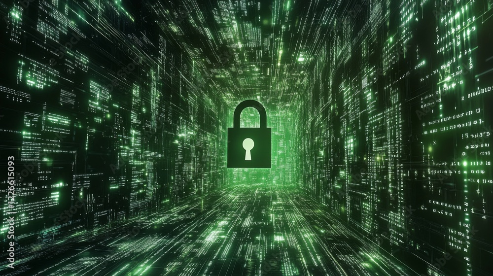 Poster a digital padlock on a computer screen, with binary code in the background, symbolizing online data 