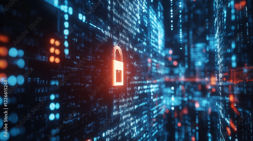 Poster a digital padlock on a computer screen, with binary code in the background, symbolizing online data 
