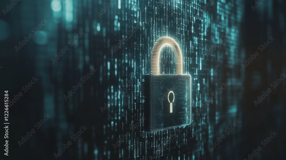 Poster a digital padlock on a computer screen, with binary code in the background, symbolizing online data 