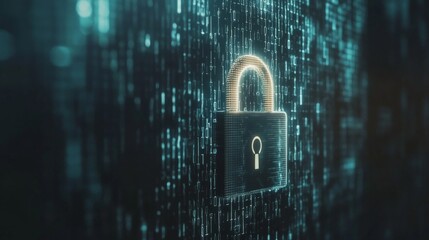 A digital padlock on a computer screen, with binary code in the background, symbolizing online data protection and encryption.