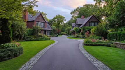 Fototapeta premium A driveway leading to two twin houses, with each house having a unique front garden while maintaining architectural harmony.