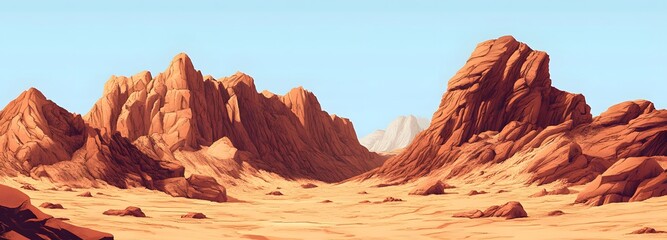 A rocky desert landscape with red sandstone formations and no vegetation