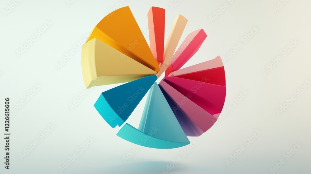 Poster a dynamic d pie chart with segments in various bright colors, each section floating slightly above a