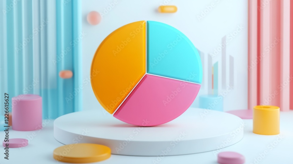 Poster a dynamic d pie chart with segments in various bright colors, each section floating slightly above a
