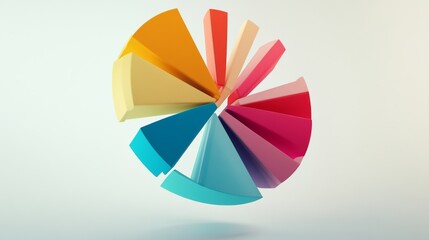 Obraz premium A dynamic D pie chart with segments in various bright colors, each section floating slightly above a white surface, symbolizing data analysis and statistics.