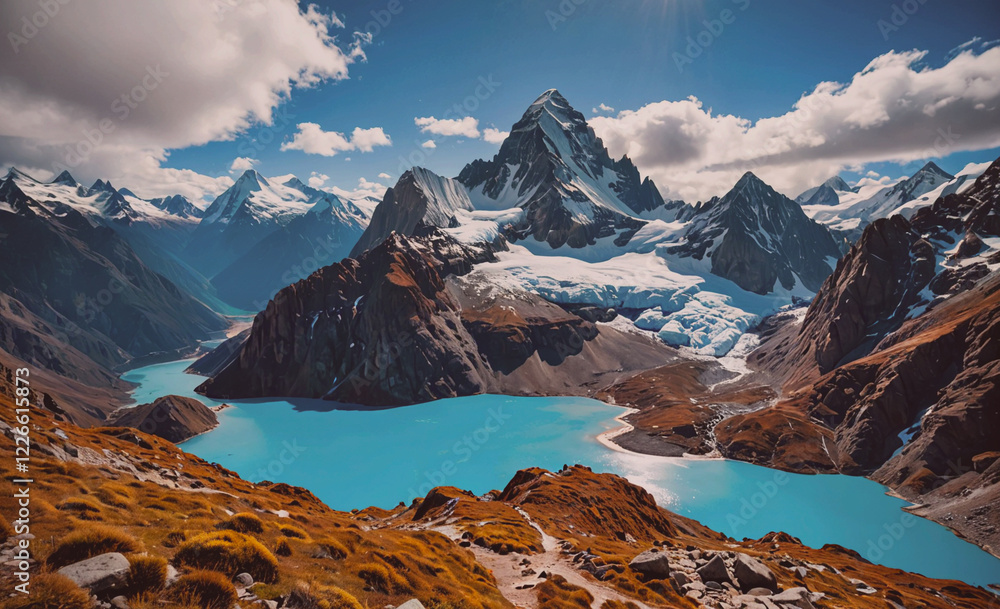 Poster a mountain range with a large body of water in the foreground. the mountains are covered in snow and