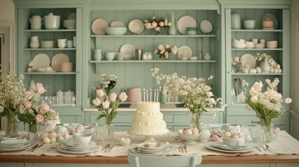 Elegant Spring Dining Table Decor with Cake and Fresh Flowers