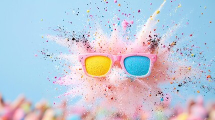 Colorful powder explosion with sunglasses, fun summer party background, ideal for promotions