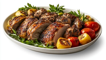 Roasted pork loin, vegetables, platter, studio, food photography, recipe