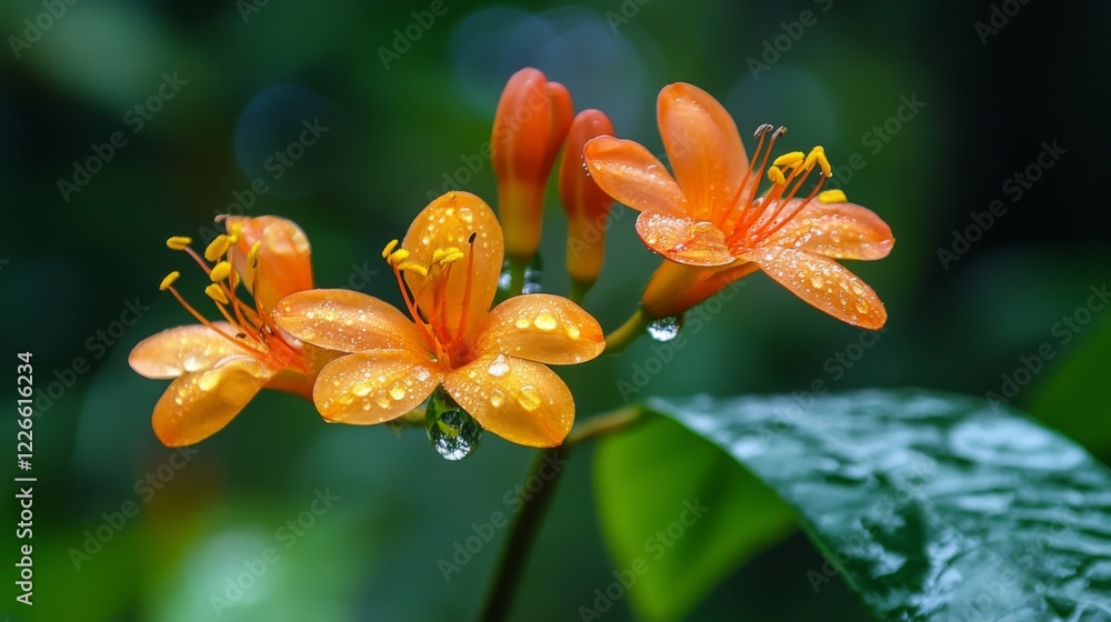 Poster a fresh bloom with tiny droplets of water on its petals, set against a blurred natural background of
