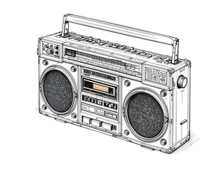 technical drawing schematic illustration of a vintage fictional unbranded radio, cassette player, ghetto blaster, boombox.  line art, mechanical drawing, engineering sketch, vintage sound, retro music