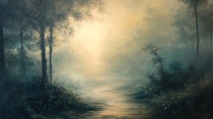Fototapeta premium A mystical landscape with fog and shadows representing mystery, with hidden paths and enchanting light, evoking curiosity and intrigue 