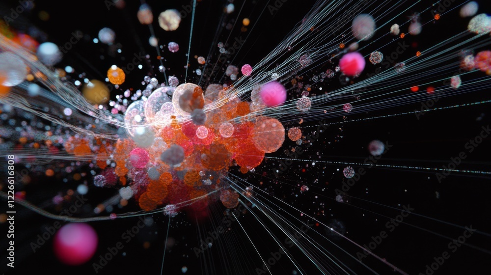 Poster a highly detailed d scatter plot with data points hovering in space, connected by lines, symbolizing