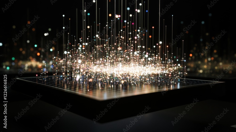 Poster a highly detailed d scatter plot with data points hovering in space, connected by lines, symbolizing