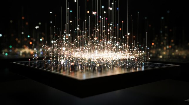 A highly detailed D scatter plot with data points hovering in space, connected by lines, symbolizing the intersection of technology and data analysis.