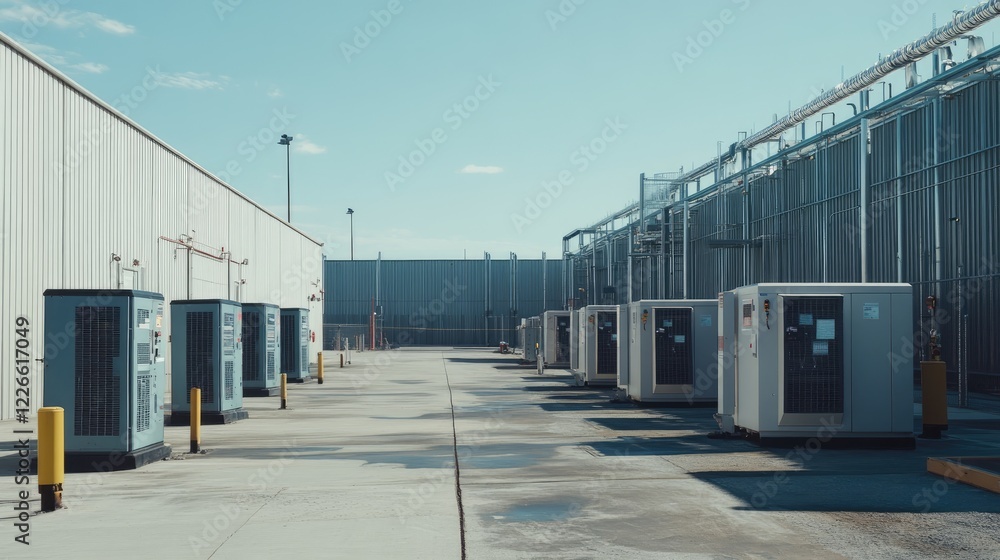 Poster multiple backup generators stationed outside a manufacturing plant, emphasizing large-scale power ne