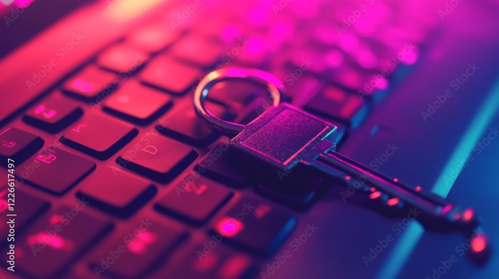 Poster a lock and key on top of a laptop keyboard, emphasizing the importance of computer security and data