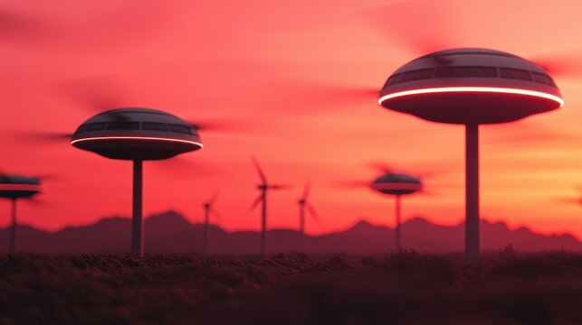 clean energy wind marketing concept. Futuristic landscape with hovering structures against a vibrant sunset and wind turbines.