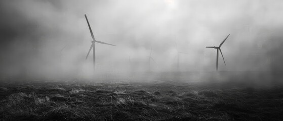 Misty Morning Serenity: Wind Turbines Embracing the Foggy Atmosphere in a Landscape of Renewal and Nature's Grace
