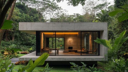 A minimalist home exterior with a concrete facade, large glass doors, and a small outdoor seating area surrounded by greenery.