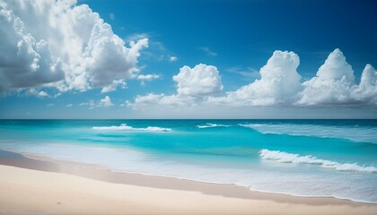 Beautiful tropical beach with palm trees, sunset beach seascape, design template for travel banner.