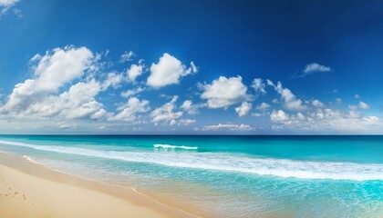 Obraz premium Beautiful tropical beach with palm trees, sunset beach seascape, design template for travel banner.