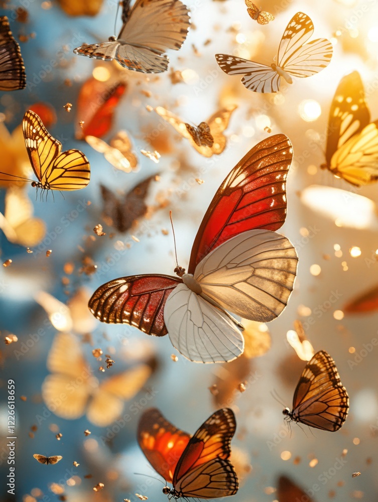Poster many colorful butterflies fly in a bright sky with golden bokeh light creating a magical scene