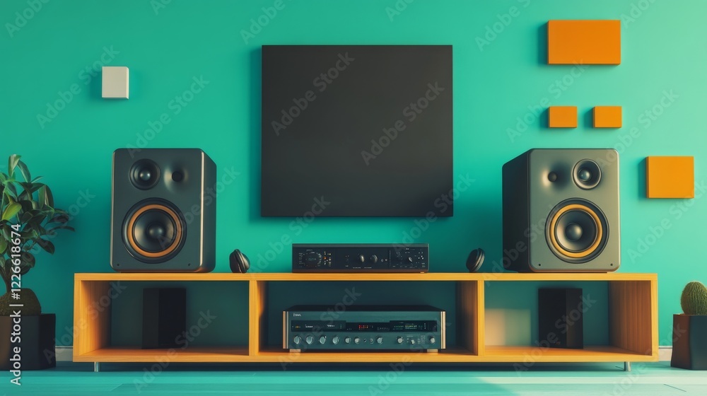 Poster a modern home audio system setup featuring a set of elegant speakers on a minimalist living room she