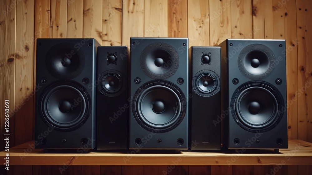 Poster a modern home audio system setup featuring a set of elegant speakers on a minimalist living room she