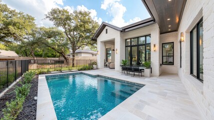 Fototapeta premium Modern swimming pool in the backyard of a luxury white brick house during a bright sunny day.