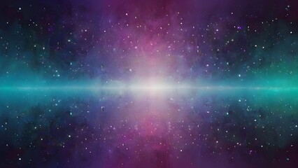 Obraz premium A vibrant cosmic scene features a bright light at the center, surrounded by an array of stars and galaxies in purple, pink, and blue hues. Space appears expansive and mysterious