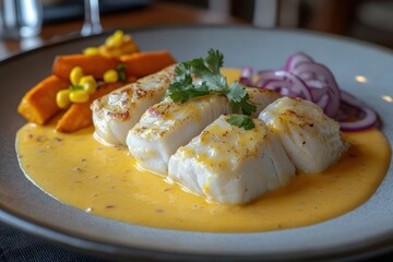 A close-up of a Peruvian ceviche with spicy aji amarillo pepper sauce, fresh fish, red onions, and cilantro. 