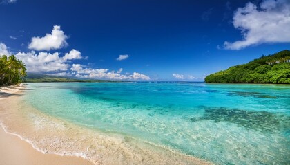 Fototapeta premium Beautiful tropical beach with palm trees, sunset beach seascape, design template for travel banner.