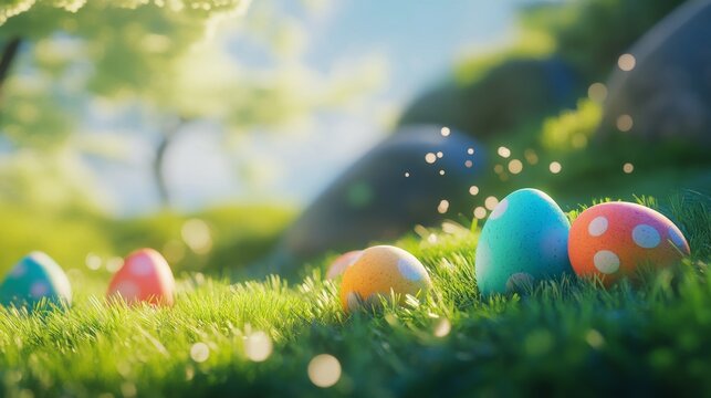 Colorful easter eggs on grassy hills