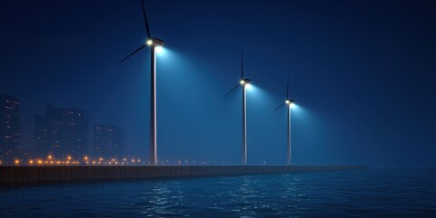 clean energy wind marketing concept. Wind turbines illuminated at night by bright lights near a waterfront cityscape.