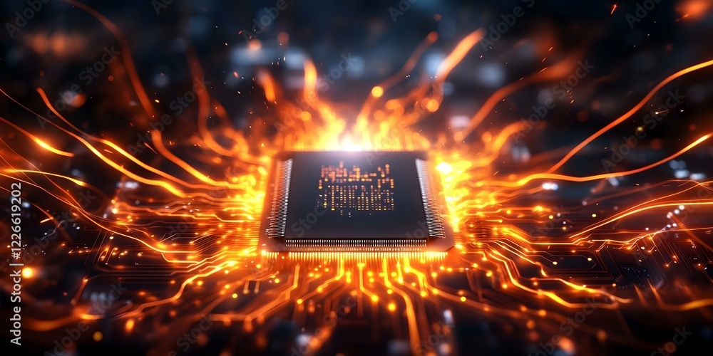 Poster a microchip surrounded by glowing circuitry and sparks, symbolizing technological power and energy f