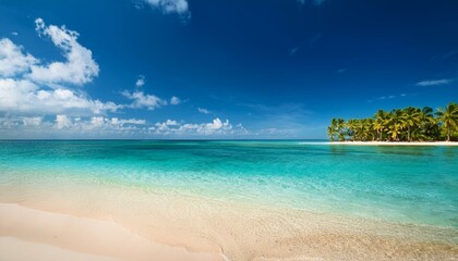 Fototapeta premium Beautiful tropical beach with palm trees, sunset beach seascape, design template for travel banner.