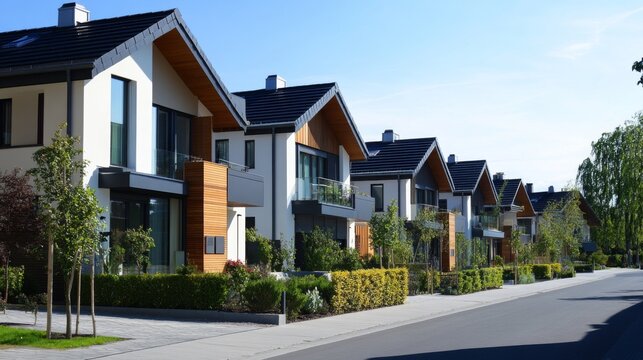 A modern twin house community, with a row of homes showcasing clean lines, contemporary design, and matching facades.